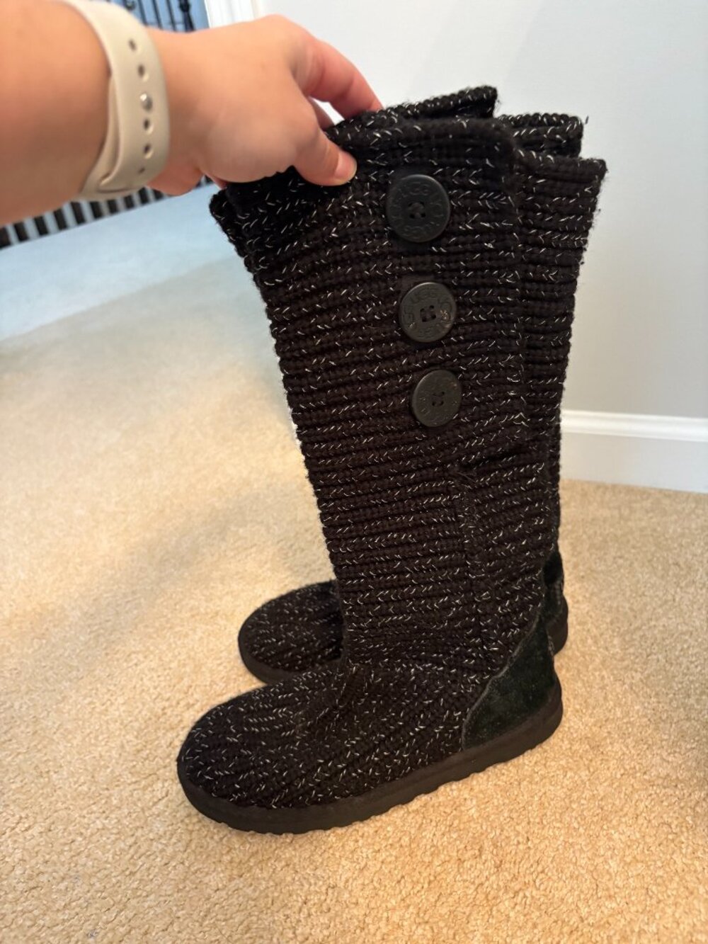 UGG Classic Cardy Tall Knit Boots Black Metallic Button Size 6